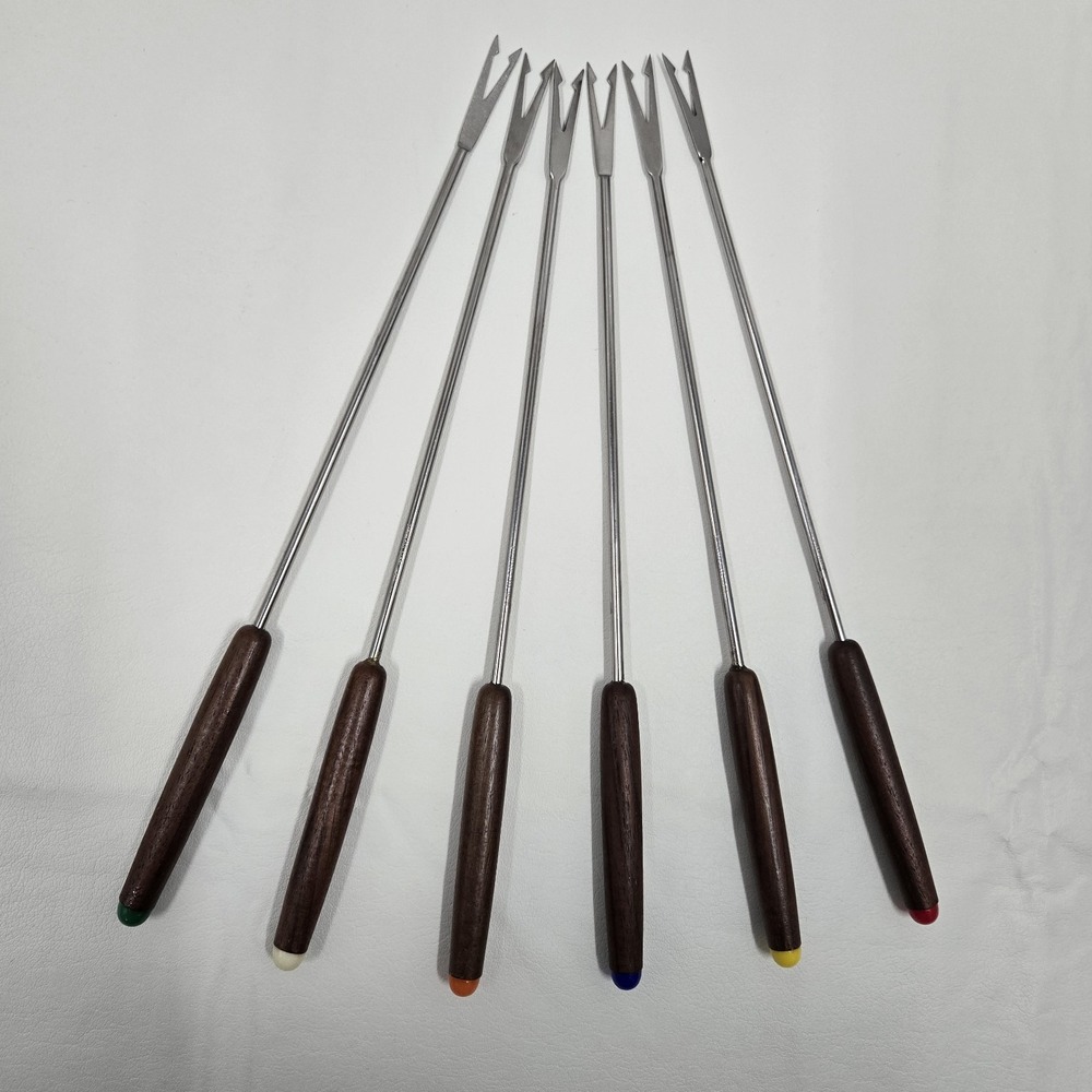 Vintage Fondue Forks MCM Japan Wooden Handles Stainless Steel Set of 6